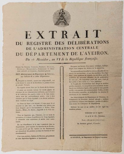 null AVEYRON. 1798. RIGHT OF PASS AND BARRIERS. Extract from the Register of the...