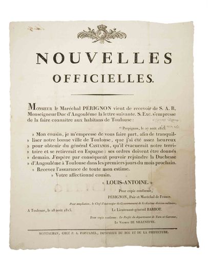 null TOULOUSE (31), le 28 août 1815. NOUVELLES OFFICIELLES. Mr le Maréchal PÉRIGNON...
