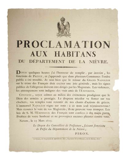 null NIÈVRE (LES CENT-JOURS). «NEVERS, le 25 Mars 1815. Proclamation de PIRON Préfet...