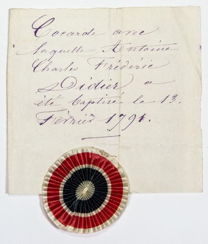 null REVOLUTION. 1791. TRICOLOR COCKADE. "Cockade with which Antoine Charles Frédéric...