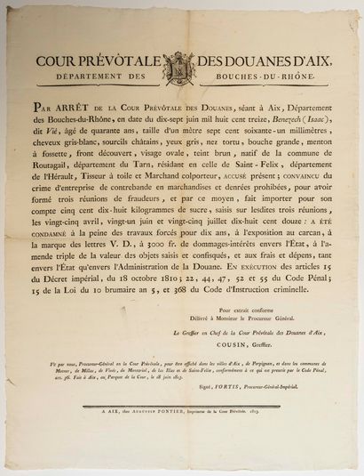 null DOUANES D'AIX. 1813. EMPIRE. CARCAN & FLÉTRISSURE : Arrêt de la Cour Prévôtale...