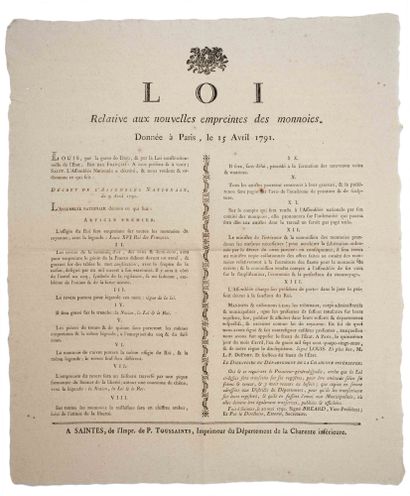 null MONNAIE à l'effigie de LOUIS XVI, Roi des Français. CHARENTE MARITIME : «Loi...