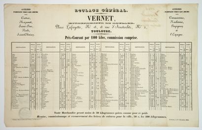 null HAUTE-GARONNE. 1846. TARIF de la Maison VERNET, Entrepreneur de ROULAGE, Place...