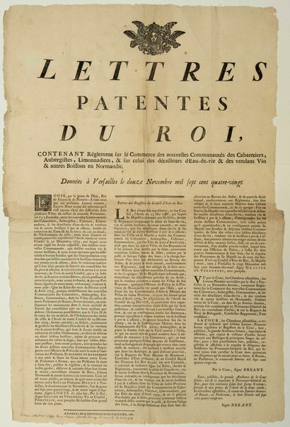null NORMANDIE. 1780. ROUEN (76). Communautés des CABARETIERS, AUBERGISTES : «Lettres...