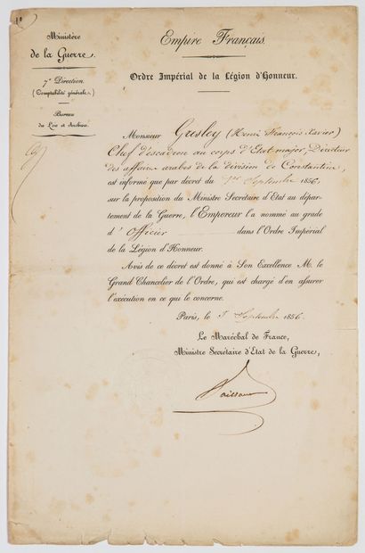 null LÉGION D'HONNEUR. 1856. MARÉCHAL VAILLANT. ALGÉRIE. Lettre d'Avis de promotion...