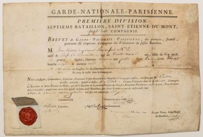null RÉVOLUTION 1790. Brevet de Volontaire dans la GARDE-NATIONALE-PARISIENNE délivré...