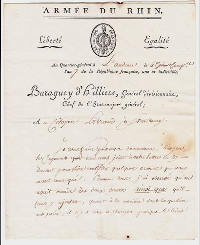 Général Comte  Louis BARAGUEY-D’HILLIERS ( Paris 1764 - Berlin 1813) Lettre signée...