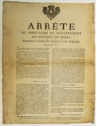 null BOUCHES-DU-RHÔNE. 1791. RÉVOLUTION. COSTUME DES RELIGIEUX. «Arrêté du Directoire...
