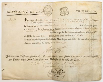 null SILKS OF LYON (69). 1780. CORPORATION - Receipt of the General Treasurer of...