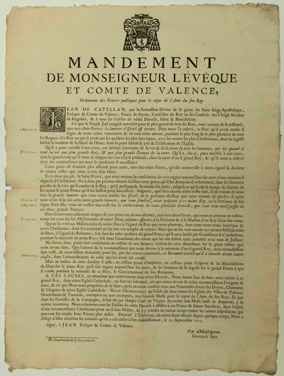 null MORT DE LOUIS XIV, 1er Sept 1715. DRÔME: «Mandement de Monseigneur l'Evêque...