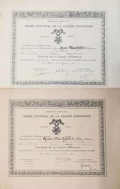 null AVIATION. 2 Diplomas of the LEGION OF HONOR of 1924 and 1939 : Diploma of Knight...