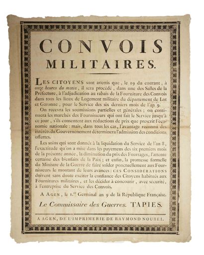 null LOT ET GARONNE. «CONVOIS MILITAIRES.» à AGEN le 1er Germinal An 9 (1801). Le...