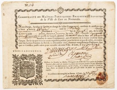 null CAEN (CALVADOS) 1791. «COMMUNAUTÉ DES MAÎTRES PERRUQUIERS BAIGNEURS ÉTUVISTES...