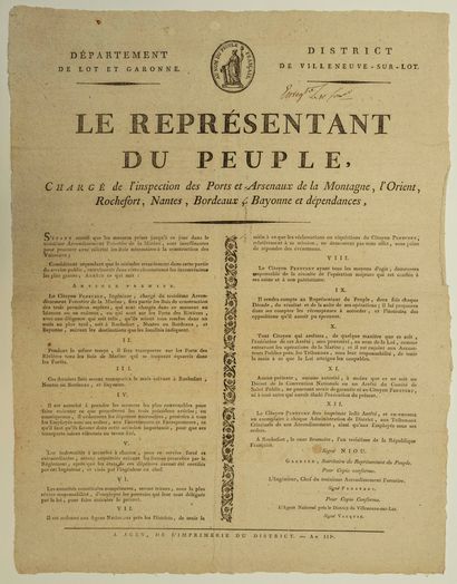 null MARINE WOOD. 1794. LOT ET GARONNE. Decree of NIOU the Representative of the...
