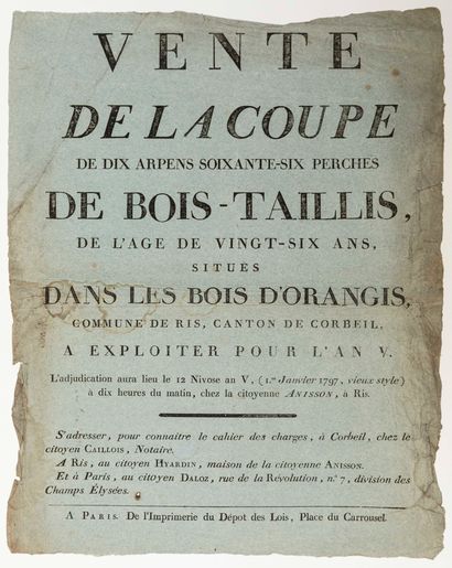 null ESSONNE. 1797. RIS-ORANGIS: "Sale of the Cut of 10 arpents 66 perches of Coppice...