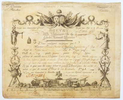 null RÉVOLUTION. 1791. Brevet de Volontaire de la GARDE NATIONALE PARISIENNE de François...