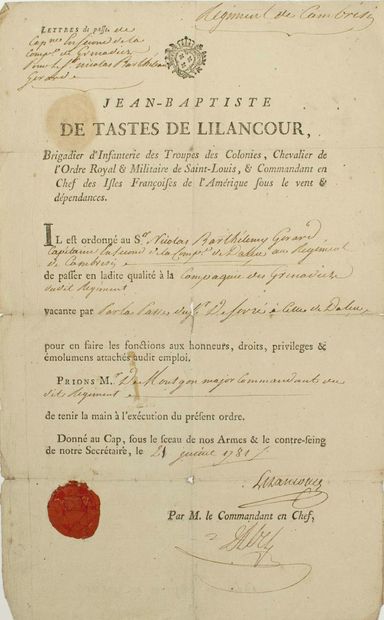 null SAINT DOMINGUE. 1781. Pièce signée «Jean-Baptiste DE TASTES DE LILANCOUR, brigadier...