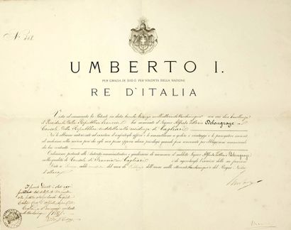 null UMBERTO 1er ROI D'ITALIE. Pièce signée à son en-tête sur un Brevet de nomination...