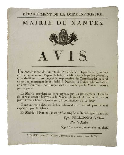 null LOIRE-ATLANTIQUE. "Notice of the MAIRIE DE NANTES." announcing the Suppression...