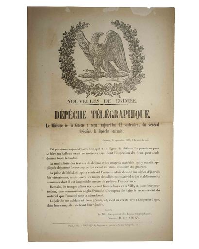 null VICTOIRE DE SÉBASTOPOL 10 Septembre 1855. «Nouvelles de CRIMÉE. Dépêche télégraphique...