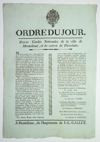 null DRÔME. 1816. "Order of the day. Brave National Guards of the City of MONTÉLIMAR,...