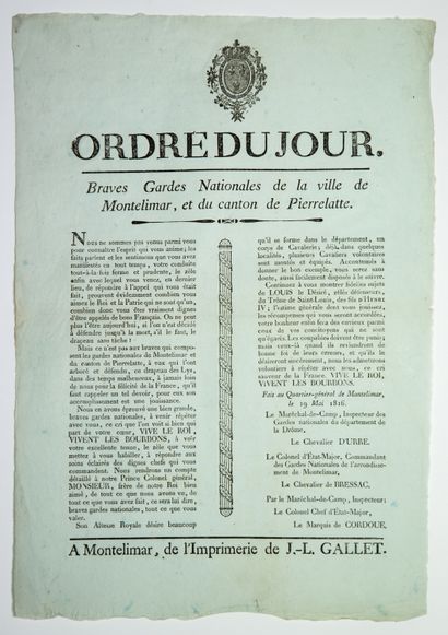 null DRÔME. 1816. «Ordre du jour. Braves Gardes Nationales de la Ville de MONTÉLIMAR,...