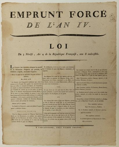 null AUDE. «EMPRUNT FORCÉ de l'An IV». (Brûlement des ASSIGNATS.) : «Loi du 3 Nivôse...