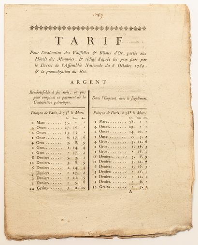 null CONTRIBUTION PATRIOTIQUE. 1789. «TARIF pour l'évaluation des Vaisselles & Bijoux...