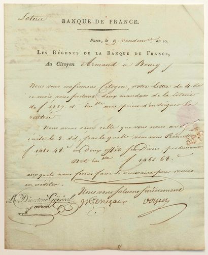 null BANK OF FRANCE. 1801. LOTTERY. Letter signed "Les Régents de la BANQUE DE FRANCE."...