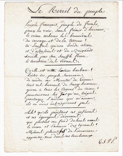 null "LE RÉVEIL DU PEUPLE" Revolutionary song. Period manuscript (c. 1790) of 2 pp-in-8°,...