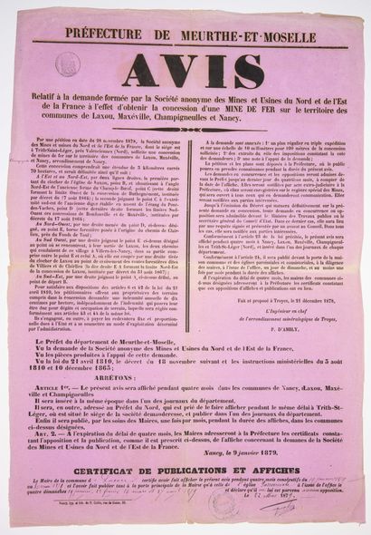 null MEURTHE-ET-MOSELLE. MINE DE FER. NANCY le 9 Janvier 1879. «Avis relatif à la...