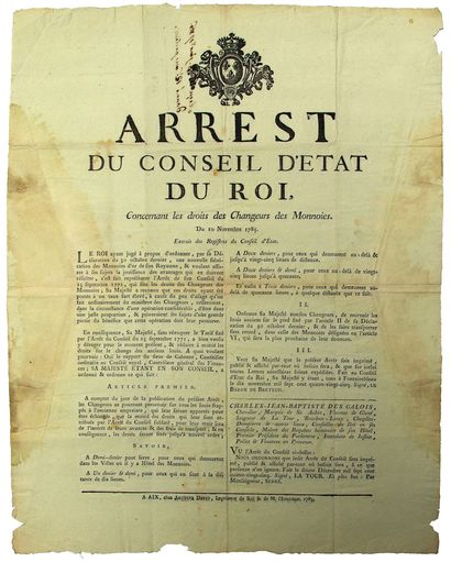 null PROVENCE. 1785. CHANGEURS DES MONNAIES : «Arrest du Conseil d'Etat du Roi concernant...
