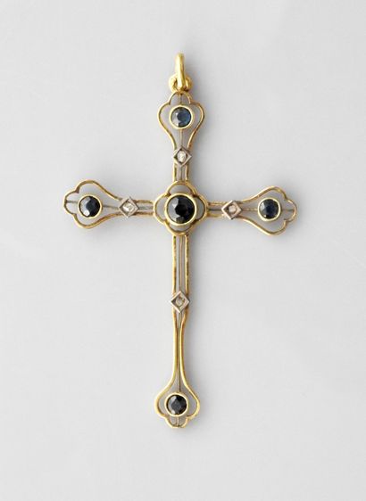 null Pendant ' Cross ' in , silver 925 MM, punctuated with five round sapphires,...