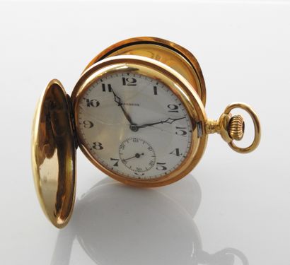 null SERDIX. Savonnette' pocket watch in yellow gold, 750 MM, white enamel back,...