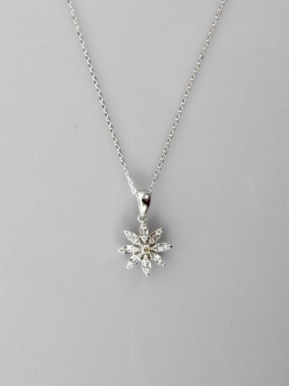 null Diamond chain and pendant ' Flower ' in white gold, 750 MM, covered with baguette-cut...