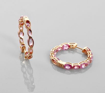 null Pink gold hoop earrings, 750 MM, underlined by pink sapphires, total 7 carats...