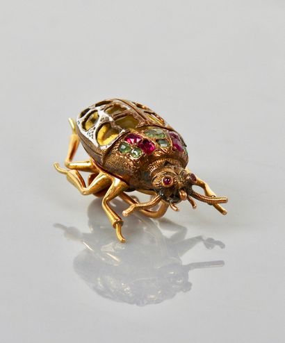 null 
Surprising brooch drawing a gold chafer, yellow gold 750MM , openwork and cloisonné...