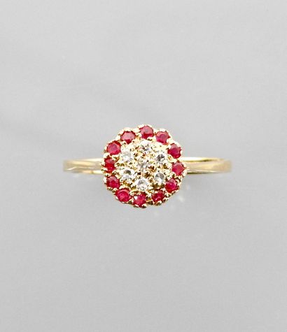 null Yellow gold ring, 750 MM, centered with diamonds hemmed with rubies, size: 47,...
