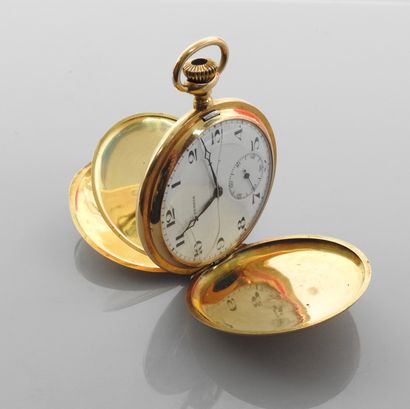 null SERDIX. Savonnette' pocket watch in yellow gold, 750 MM, white enamel back,...