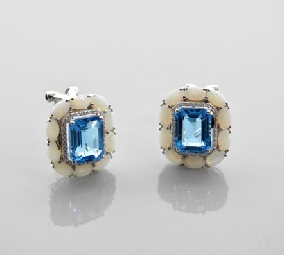 null Earrings in white gold, 750 MM, each centered with a blue topaz in a row of...