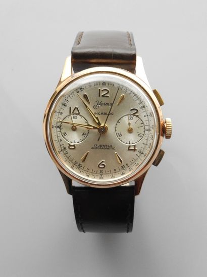 null HERMA. Incabloc. Yellow gold chrono watch bracelet, 750 MM, cream background,...
