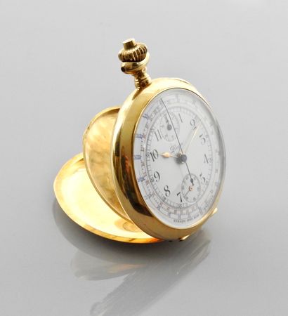 null LEGA. Chronographe Compteur' pocket watch in yellow gold, 750 MM, white enamel...