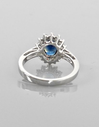 null White gold ring, 750 MM, set with an oval sapphire weighing about 1.40 carat,...