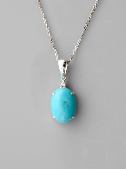 null Chaîne et pendentif en or gris, 750 MM, orné d'un diamant et une turquoise cabochon,...