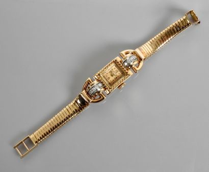 null HENCO. Bracelet montre en or jaune 750MM et , platine 900 MM, lunette rectangulaire,...