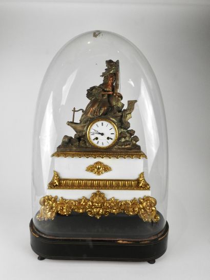 null White marble and gilt bronze clock decorated with a large group with brown patina...