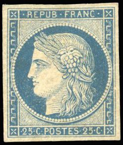 null 
Y&T n°4 Cérès 1849 - 1850. 25c. Bleu. Grandes marges. Superbe. Cote: 8500€...