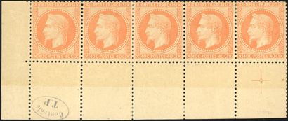 null YT n°31 Empire laurels 1863 - 1870. 40c. Orange. Strip of 5. Corner of sheet...