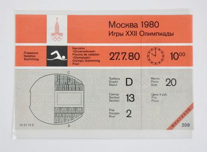 JO. Moscou 1980. Un billet neuf, natation...