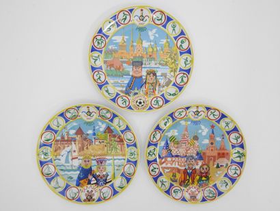 null Olympic Games. Set of three commemorative plates celebrating the 22nd Olympiad...